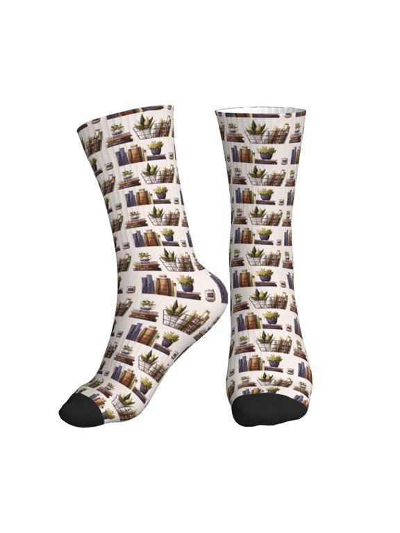 Crew Socks for Women Men Athletic - cute books plants reading print Soft Comfort Breathable Mid-Calf Sole Running Socks Womens Men
