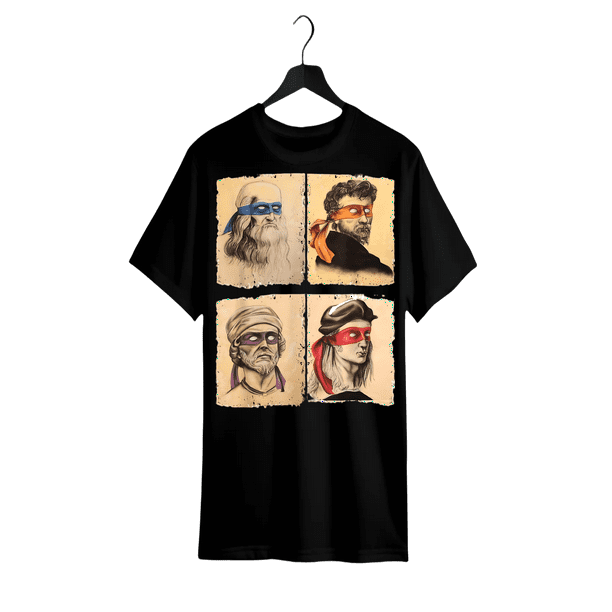 Camiseta gráfica humorística para hombre con artistas italianos y las Tortugas Ninja - Camiseta informal negra de manga corta con arte de Leonardo, Donatello y Miguel Ángel, cuello redondo de corte re