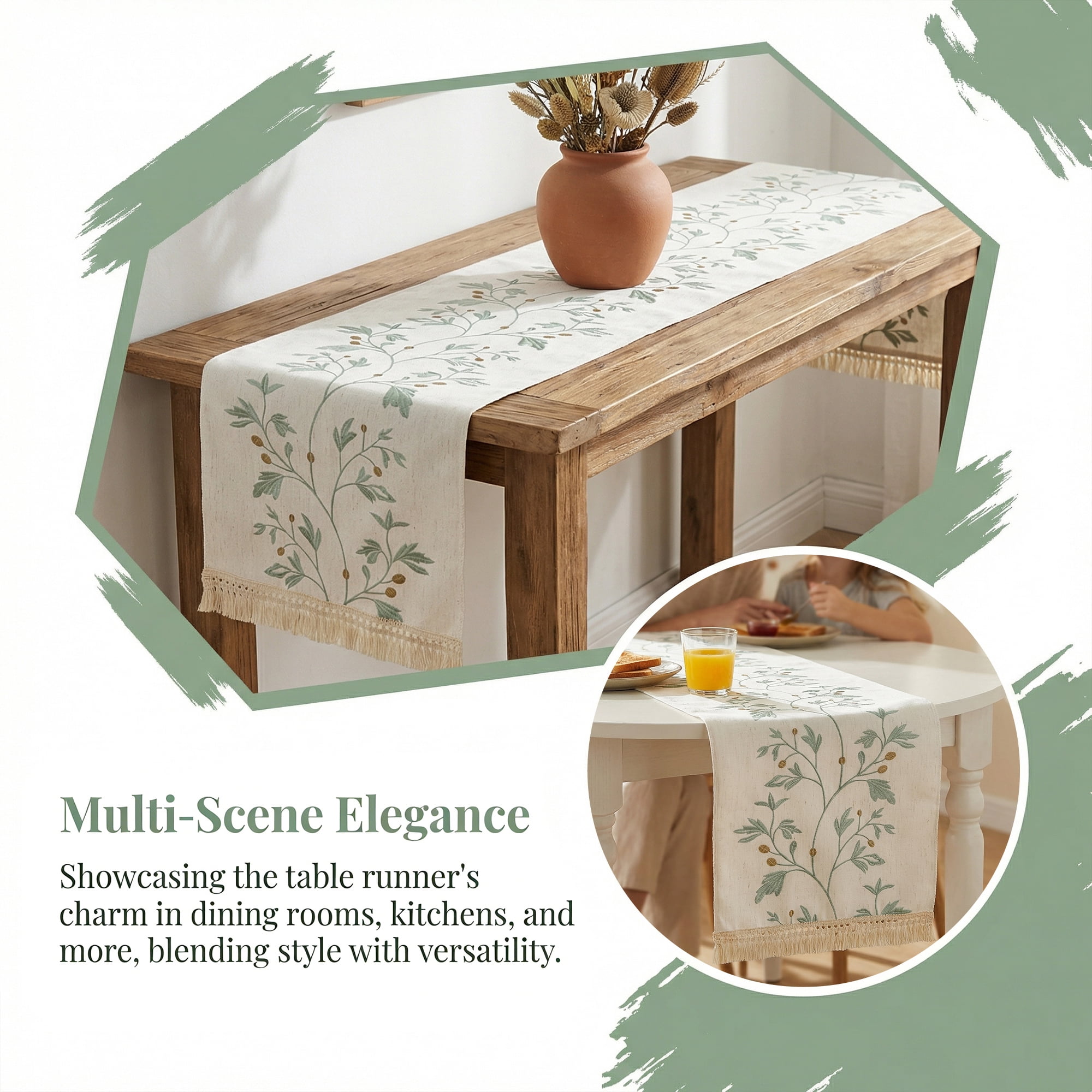 Unique Bargains Long Washable Floral Table Runner for Dining Decor Green 15.4"x94.5"