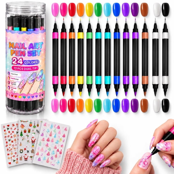 24 Colors Dual Ended Nail Art Pens Set, Nail Polish Pens with Fine Liner & Brush Tips for Pattern Drawing, Hand-Painted Nail Art & Manicure DIY