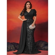 AURA Plus Size Evening Dress V Neck Short Sleeve Slim Fit Party Long Skirt Beaded Polyester