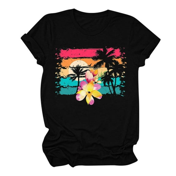 LYXSSBYX Plus Size Womens Shirts Summer Beach Printed T-Shirt with Round Neck and Short Sleeved Top