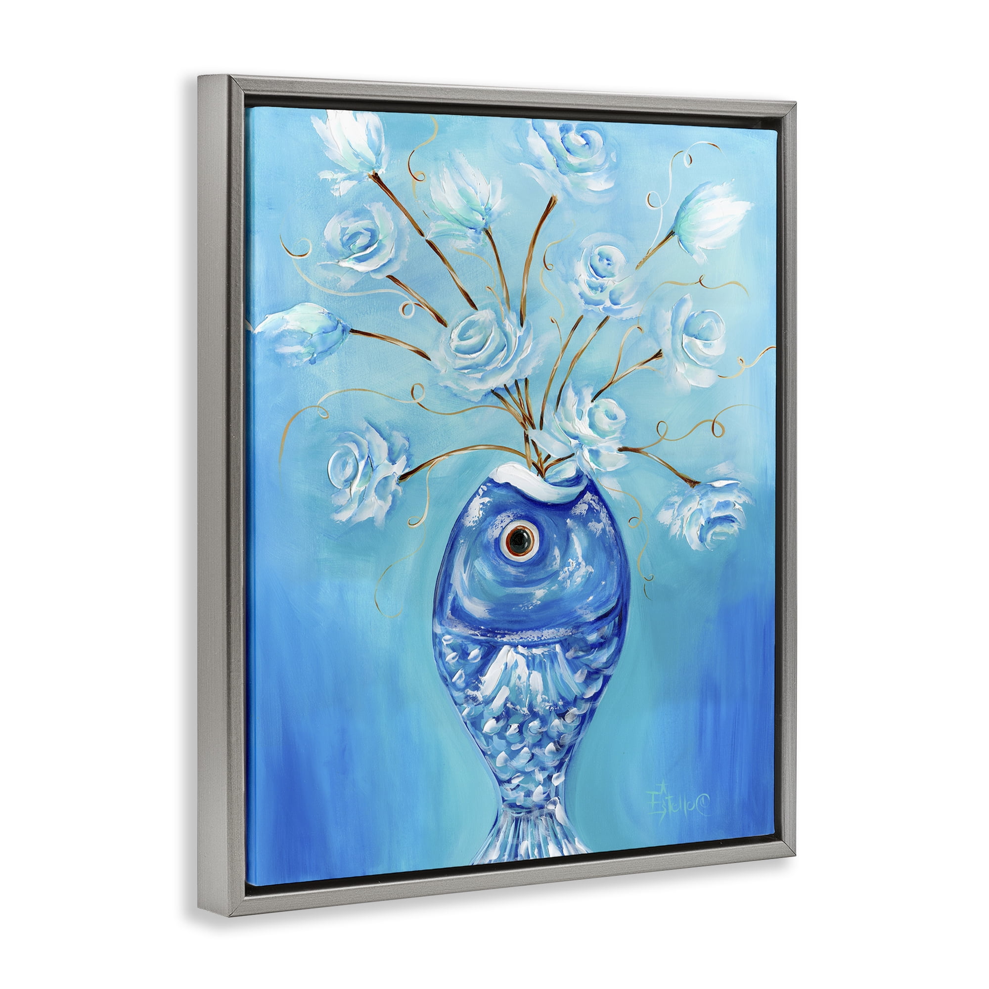 Stupell Industries Fish Vase Bouquet Botanical & Floral Painting Gray Floater Framed Art Print Wall Art, 17 x 21