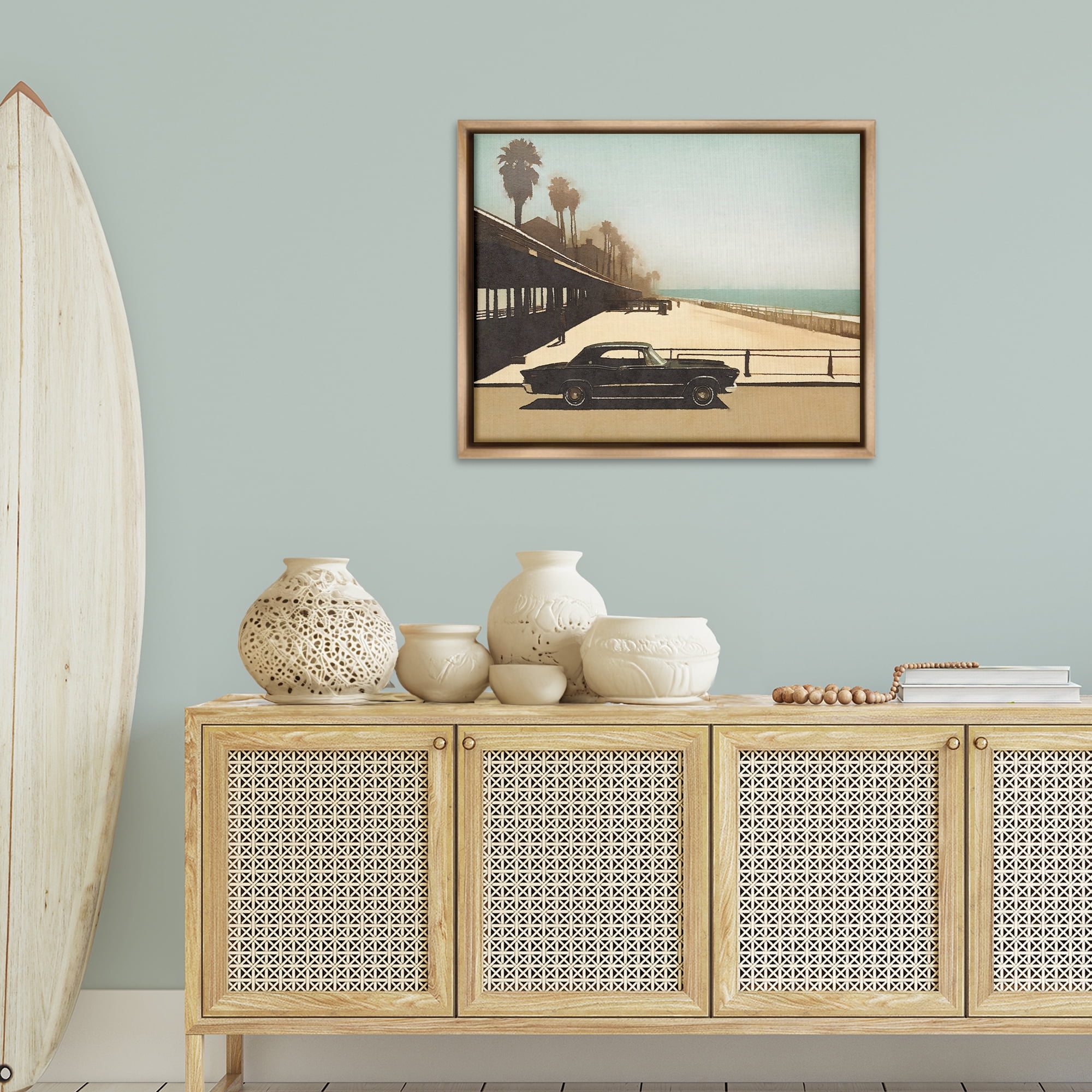 Stupell Industries Under The Pier Classic Car Landscape & Nature Painting Brown Floater Framed Canvas Art Print Wall Art, 31 x 25