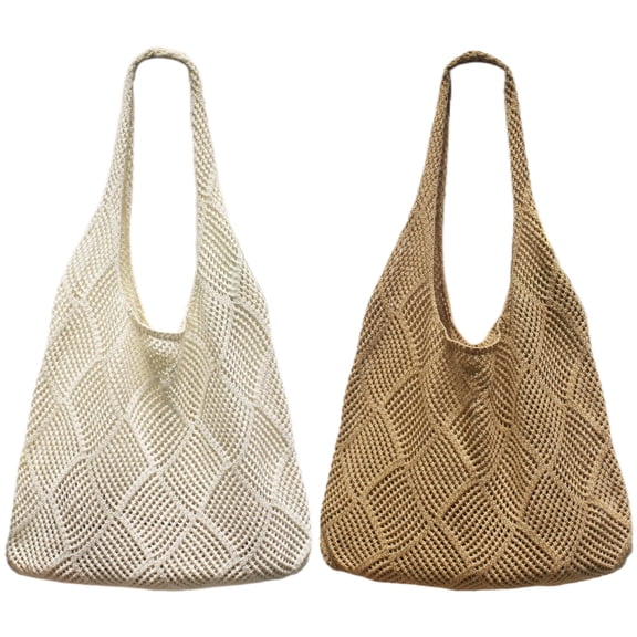 2Pcs Crochet Beach Bags, Mesh Tote Shoulder Handbag Aesthetic Woven Purses for Women Summer Vacation Hippie Knit Bag