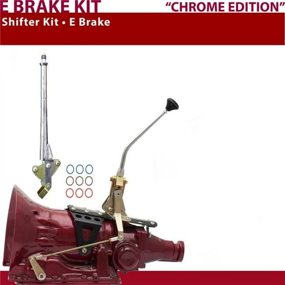 American Shifter TH350 Shifter Kit 10 in. E Brake Chrome Push Button 16 in. Handle Ringed Knob for D807E