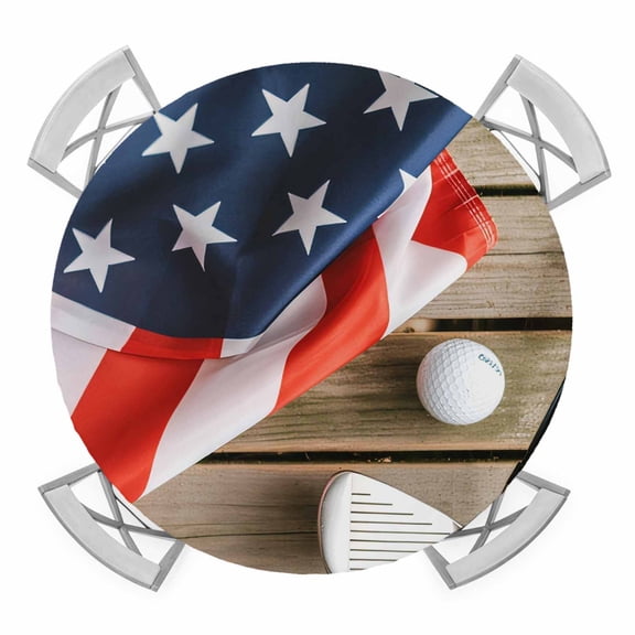 Elastic Fitted Round Tablecloth, American Flag Golf Waterproof Stretch Table Cover for 36"-44" Tables, 4th of July Farmhouse Vintage Wood Grain Washable Outdoor Tablecloths for Patio, Picnic, Camping