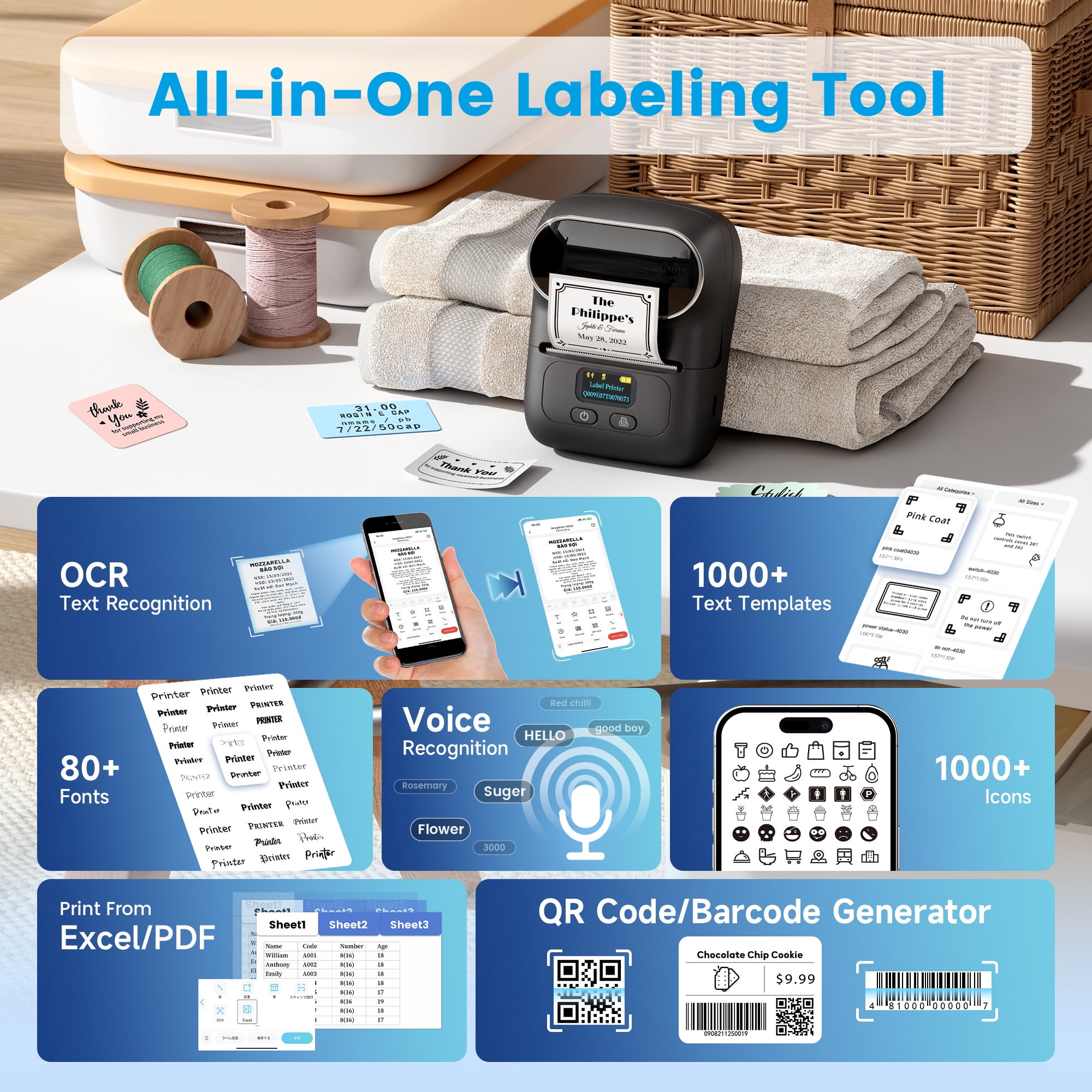 Phomemo M110 Label Maker Machine with Tape Barcode Printer Bluetooth Portable Thermal Printer, Wireless Label Maker with 100 Labels, for Small Business, Shipping, Clothing Tags & Mailing(Black)