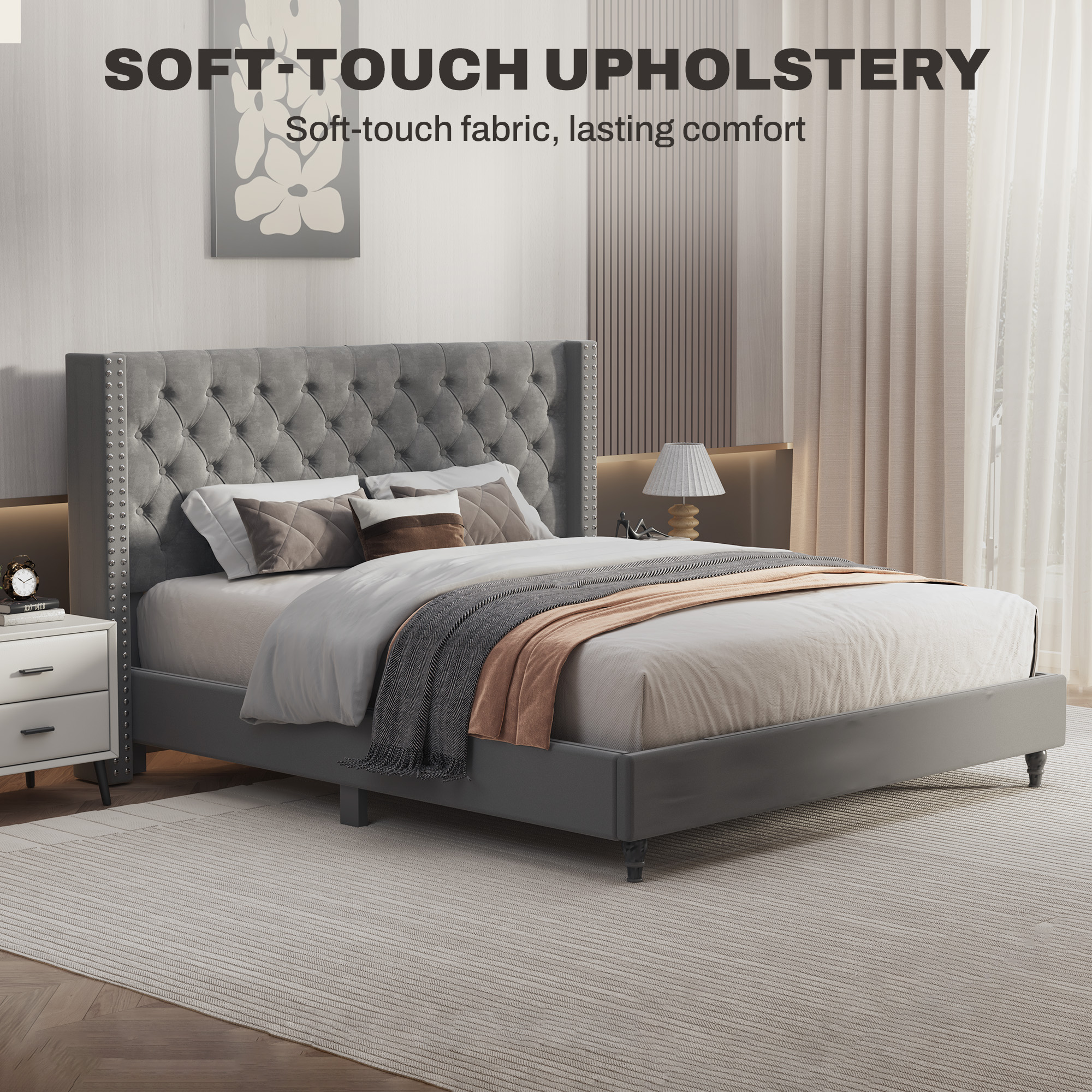 FlexiSpot King Size Upholstered Platform Bed Frame with Tall Tufted Wingback Headboard, Soft Fabric Upholstery, Solid Wood & Center Support Legs, Noise-Free Structure, 750lbs Heavy-Duty