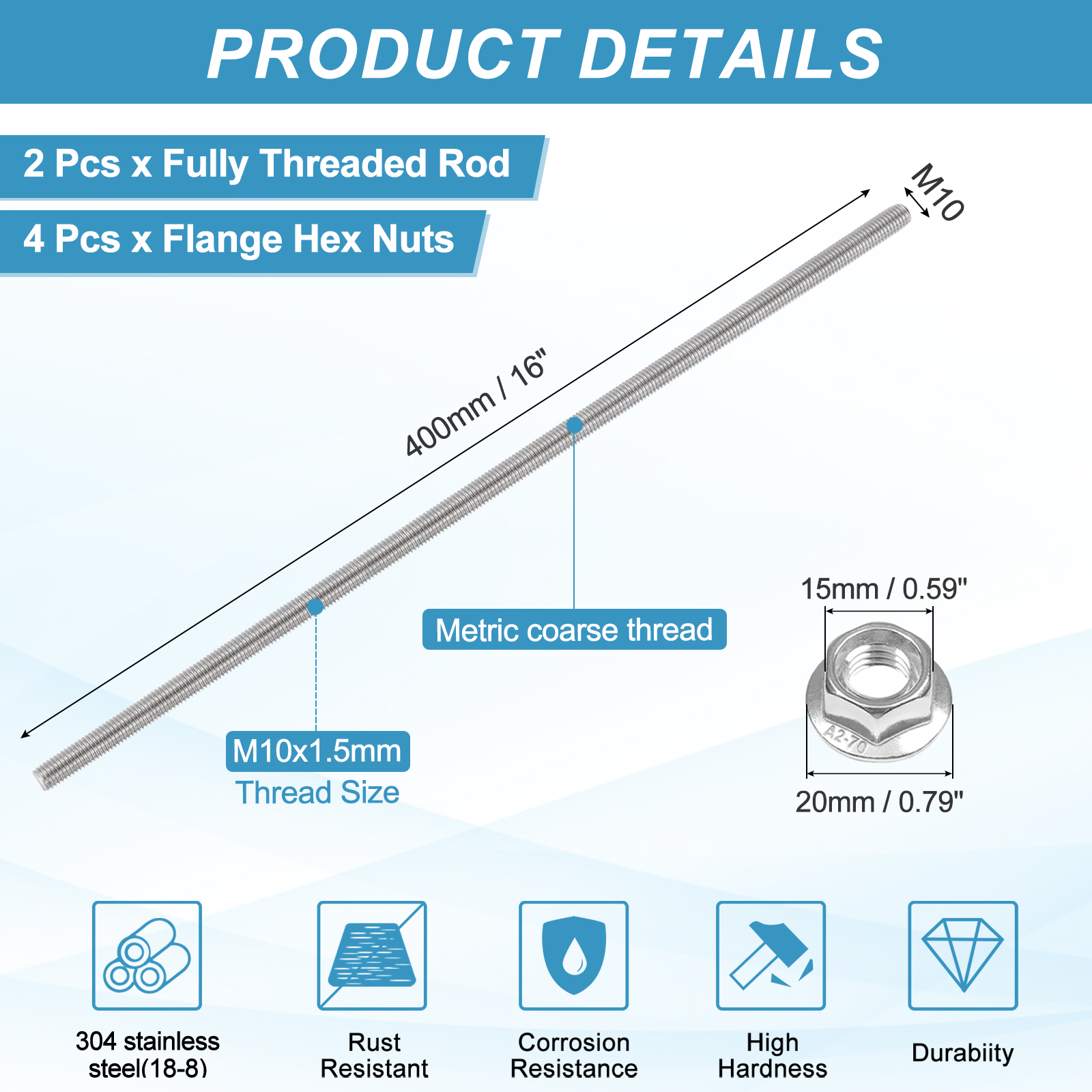 Uxcell 2 Set M10 x 1.5mm Fully Threaded Rods 16 Inch, 304 Stainless Steel All Threaded Rod Metric Right Hand Threads with 4Pcs Flange Hexagon Nut for Clamps Hangers U-Bolt