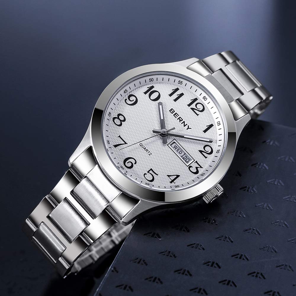 BERNY Silver Watch for Men, Fashion Easy to Read Quartz Analog Watch with Day & Date Calendar, Luminous, Stainless Steel, Waterproof, Business Dress Men's Wrist Watches (White)