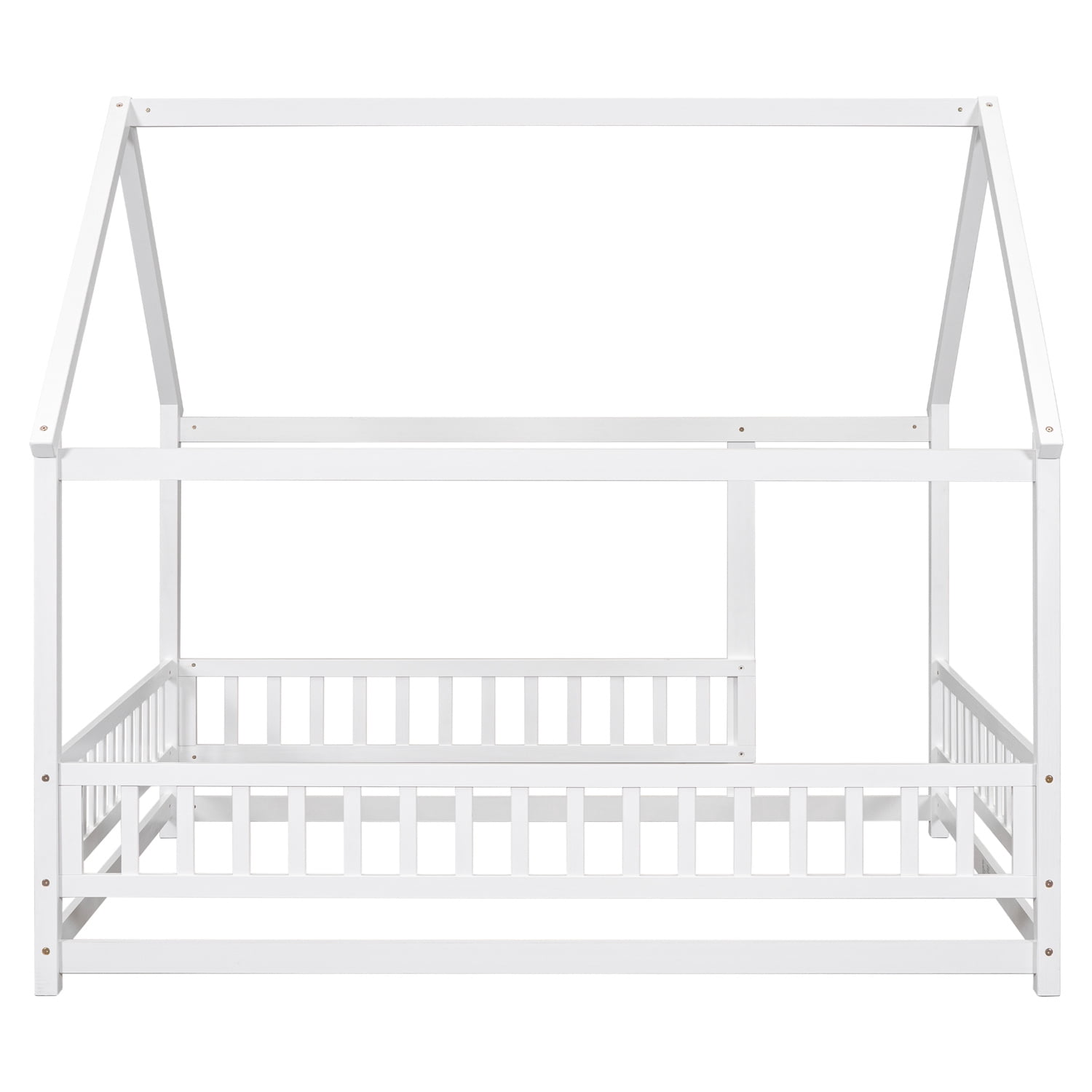 Full Size Floor Bed with Fence and Door, Wooden Low Floor Bed Frame with Safety Guardrails and House Roof Frame, Montessori Platform Beds for Kids, Boys, Girls, Mattress Not included, White