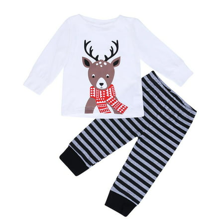JOCESTYLE 2pcs Christmas newborn baby girl clothes Set Long Sleeve Elk Print T-shirt+Striped Long Pants baby clothing