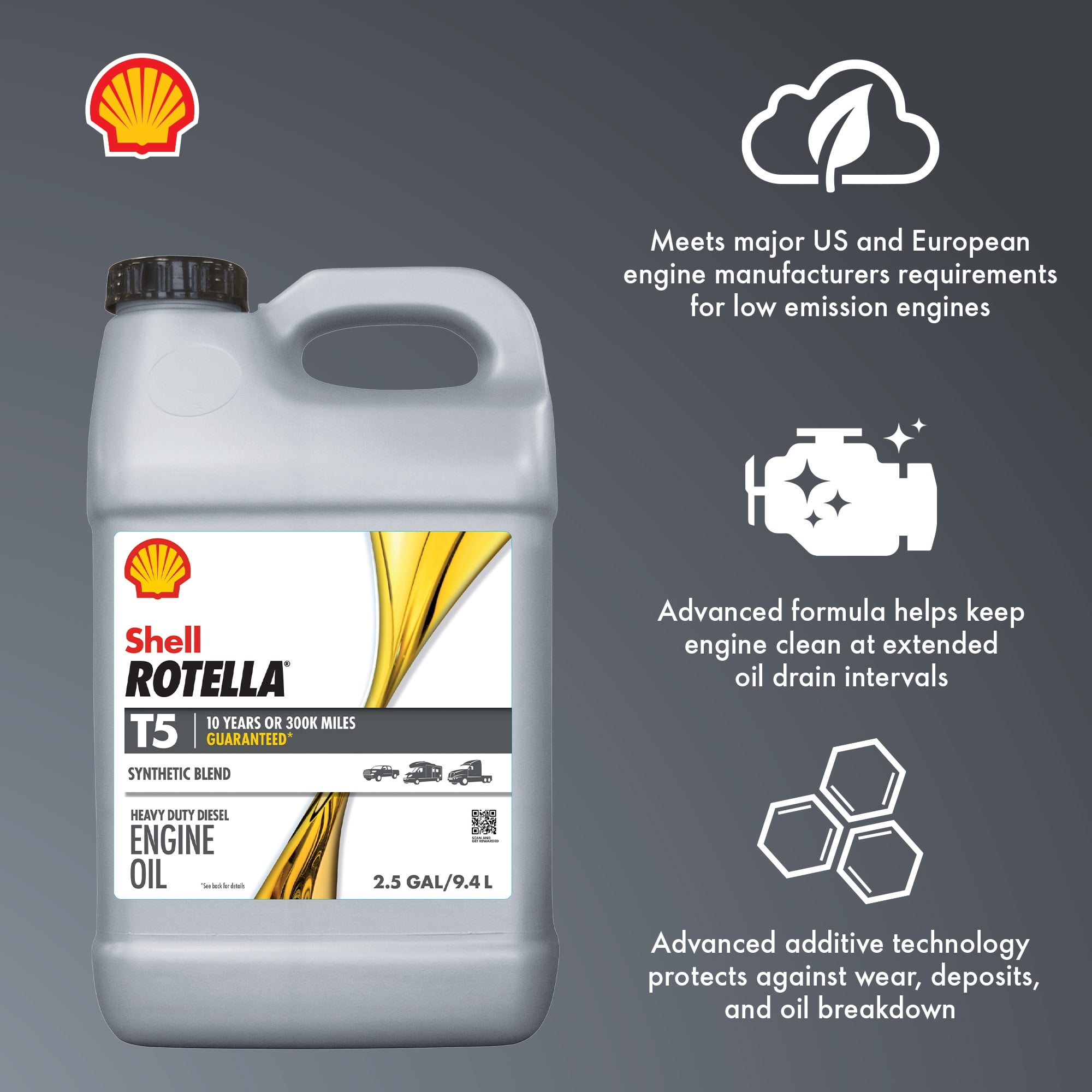 Shell Rotella T5 Synthetic Blend 10W-30 Diesel Engine Oil, 2.5 Gallon