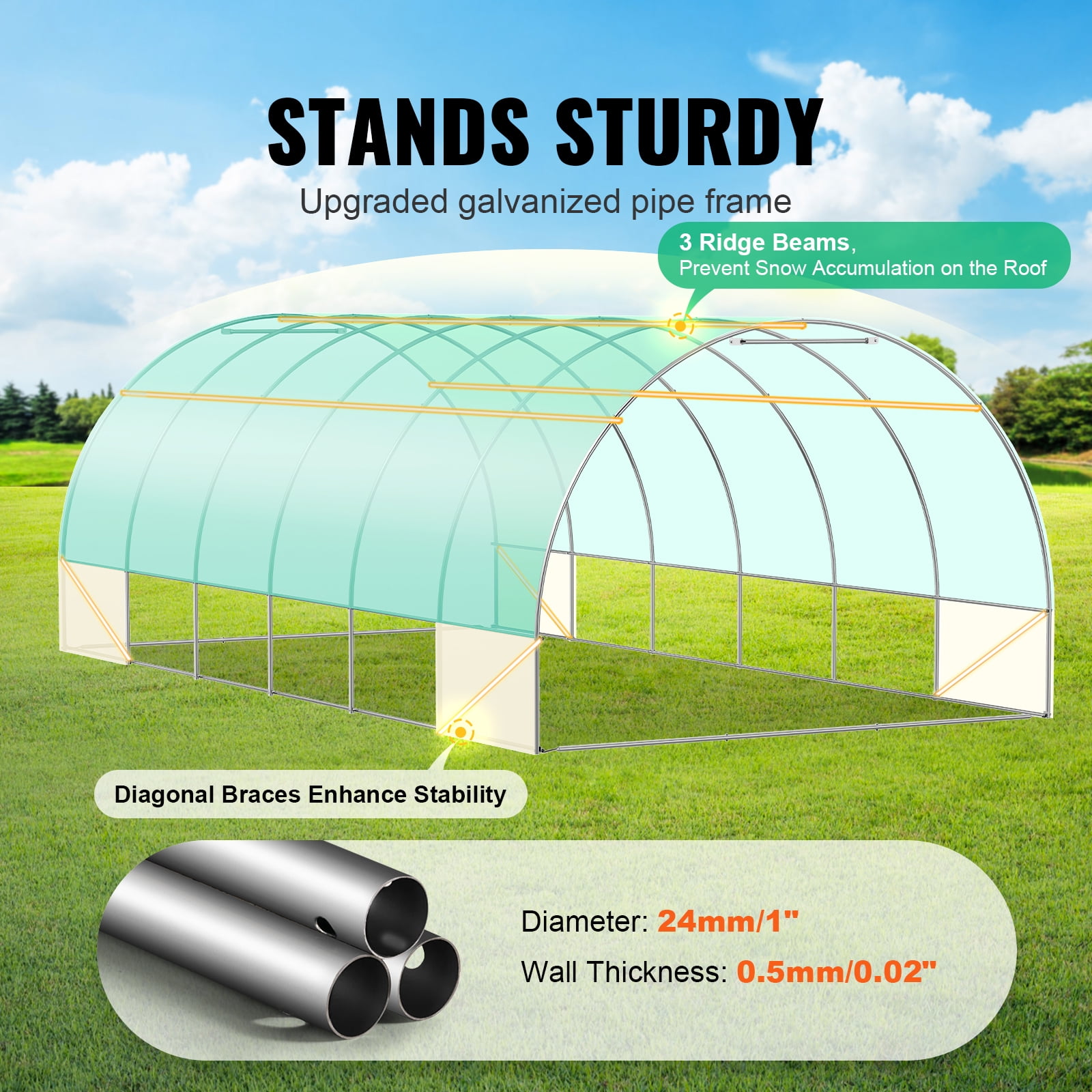 KFFKFF Walk-in Tunnel Greenhouse, 19.4x9.7x6.5 ft Hoop House with Galvanized Steel Frame, Green PE Cover, Roll-up Zipper Door, and 12 Ventilation Windows for Outdoor Gardening