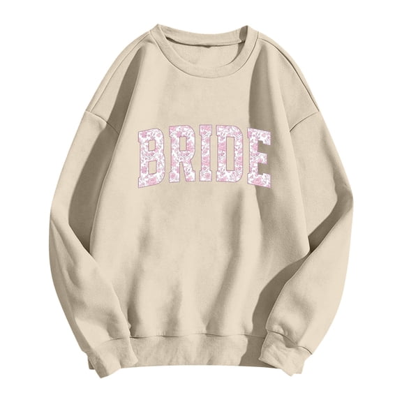 FASHOFT Bride Sweatshirt for Women Long Sleeve Letter Print Hoodies Fall Winter Pullover Tops Beige L