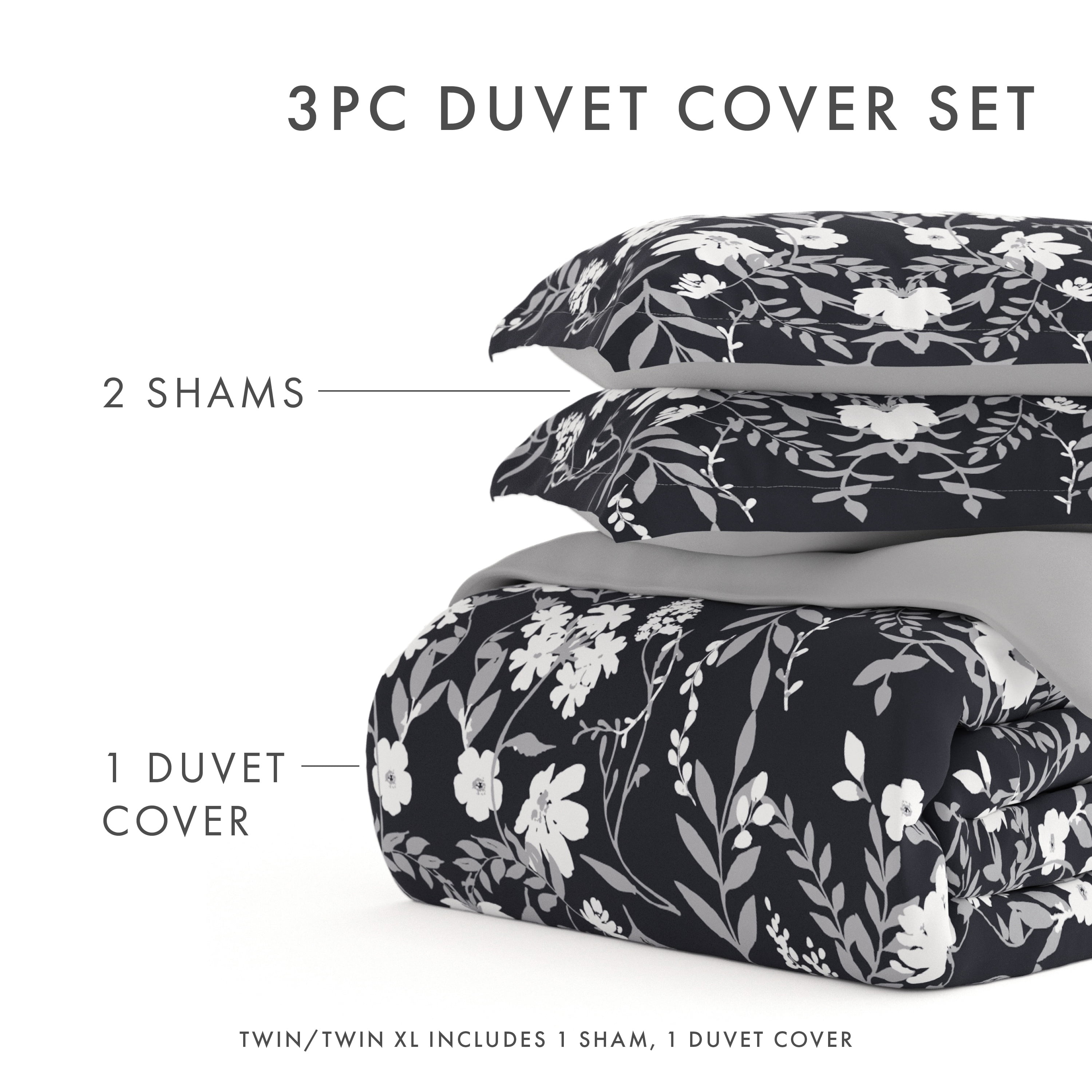 Noble Linens Black Reversible Secret Garden Print 2-Piece Duvet Cover Set, Twin/TwinXL
