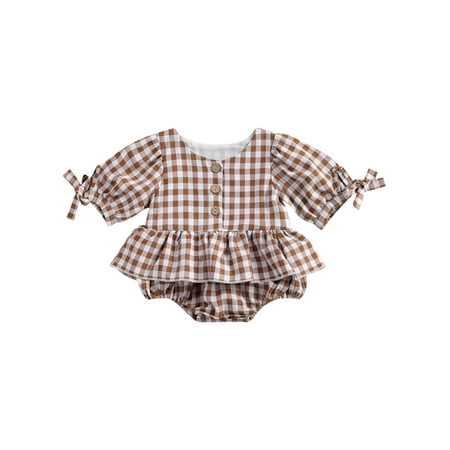

Douhoow Baby Girls Long Sleeve Romper Plaid Printed Round Collar One-Piece Jumpsuit 0-24 Months