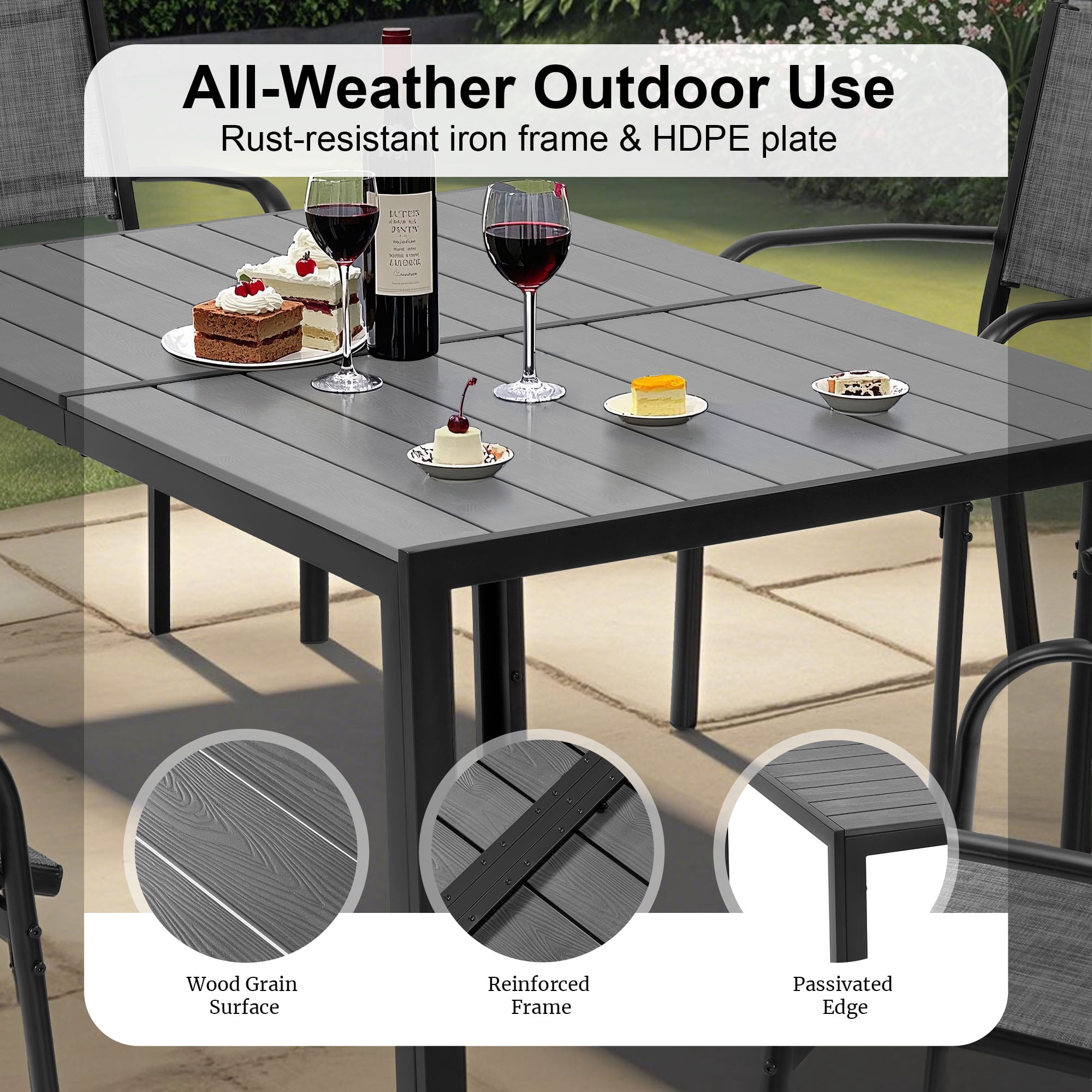 Seizeen 7 Pieces Patio Dining Set, Outdoor Patio Furniture Set, Plastic-wood Table Top with Steel Frame, Dining Set w/Gray Textilene Chairs for Backyard, Garden and Poolside