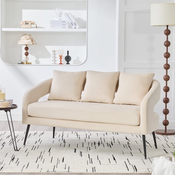 Miekor Furniture 53.7" Modern Upholstered Velvet Open Back Loveseat Settee with 3 Pillows,Small Comfy Sofa 2-Seater Mini Sofa for Small Space with Metal Legs,Beige MK1447