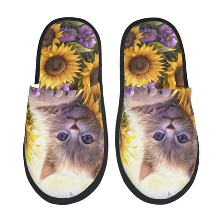 Balery Daisy Sunflower Lazy Cat Slient Indoor Furry Fleece Comfort House Shoes Soft Non-Slip Home Shoes Cotton slippers House Slippers-- Large