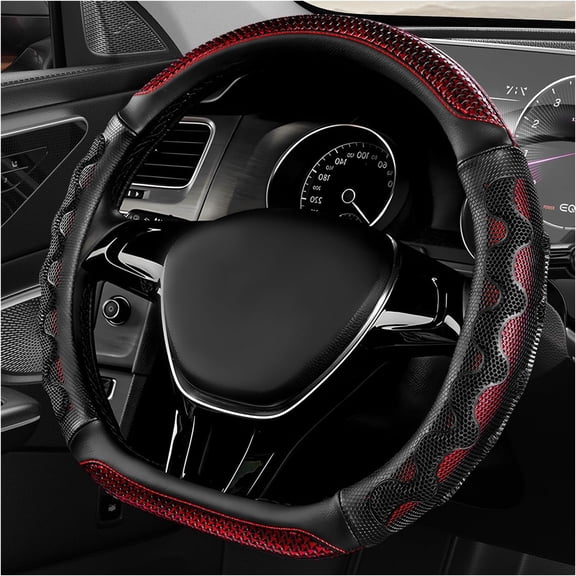 RIONIMA D-Shaped Steering Wheel Cover, Leather Car Wheel Protector with 3D Honeycomb Anti-Slip Design, Universal Breathable Comfy Cover Fits 14.5-15 Inch Steering Wheels, Car Accessories (Red)