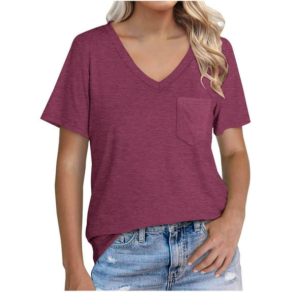 Kaemgyyd Plus Size Tops for Women Casual Loose V Neck T Shirts Solid Color Short Sleeve Summer Tunic Tee with Pockets