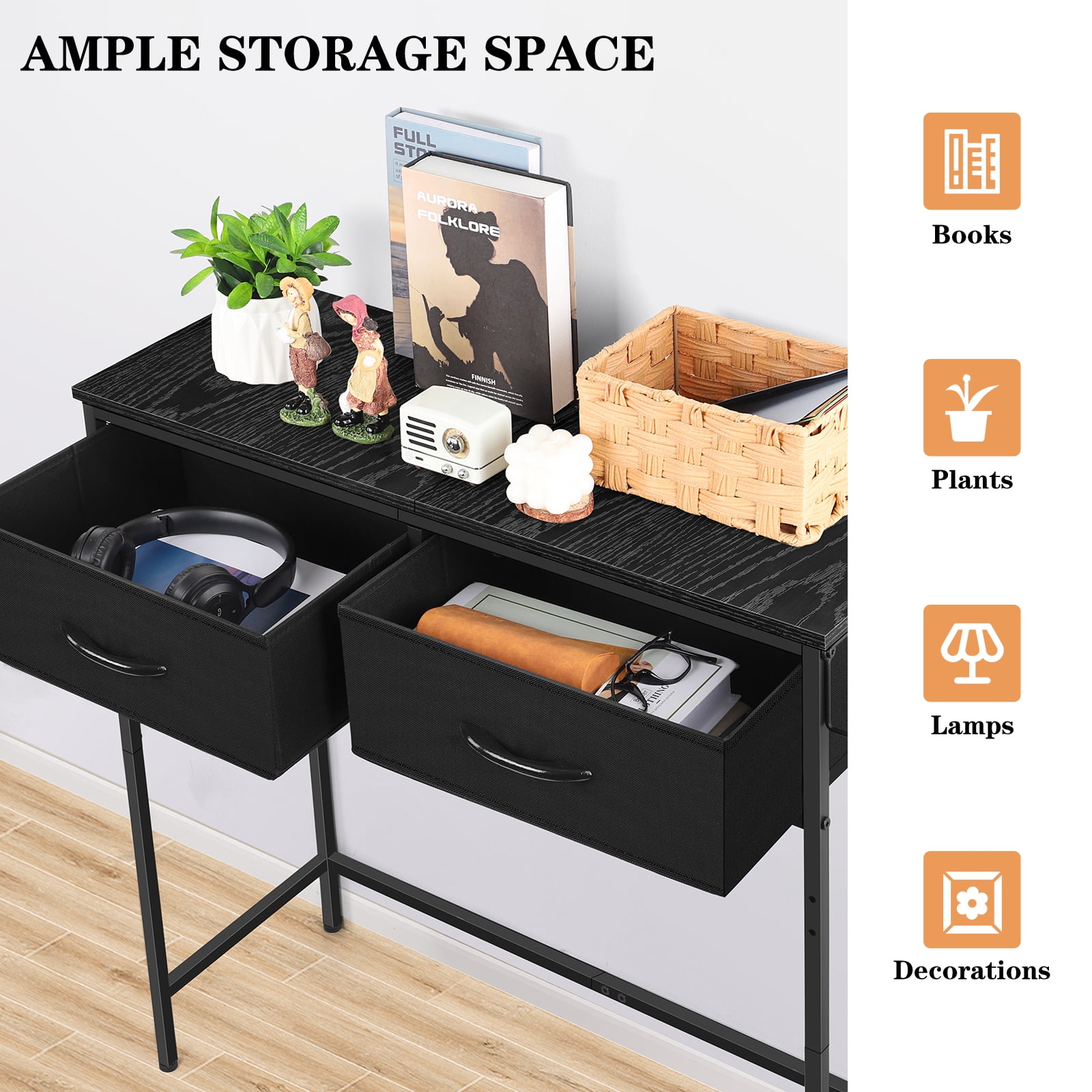 Industrial Console Table with Charging Station, 31.5 Inch Narrow Entryway Table with 2 Fabric Drawers, Side Hook & Adjustable Feet Black