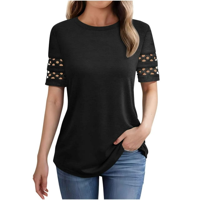 LOVZFMLL Hauts pour Femmes Été 2025 Chic Décontracté T-Shirts Col Rond Ajouré Manches Courtes Tenues de Travail Printemps Blouses Tendance Noir G