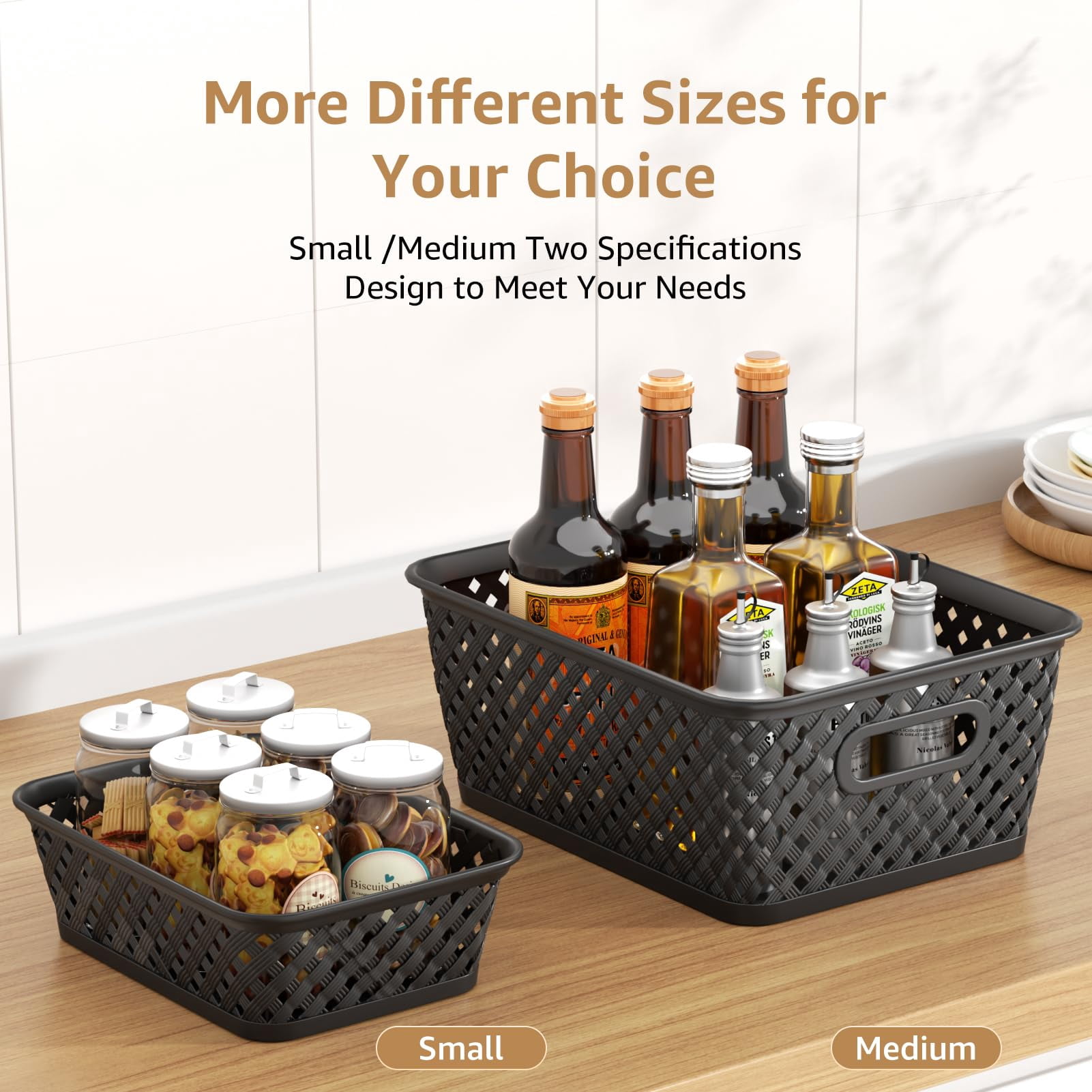 Plastic Woven Storage Baskets With Handles, 3 Pack, Medium, Black, For Home Office Organization