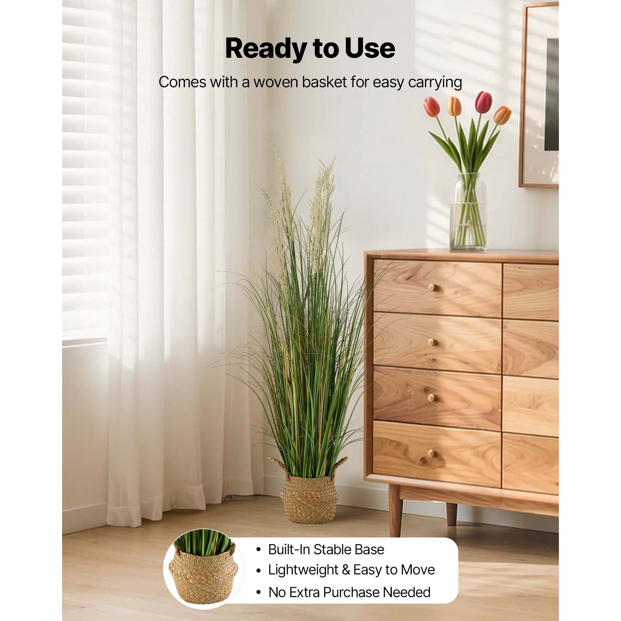 1-Pack Artificial Reed Flowers with Basket, 4 ft Tall, PVC Leaves, Lifelike Design, No Assembly Required, for Home, Garden, Patio, Hotel & Office Decor