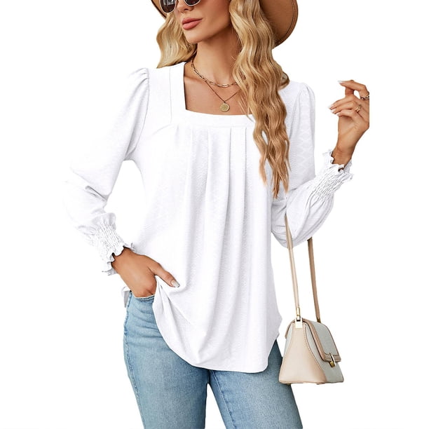 Pleated Long Sleeve Top Plain Color Curved Hem Fashionable Jacquard Pleated Blouse Shirt White M