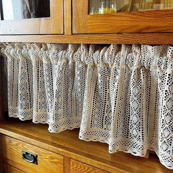 Mictong Kitchen Coffee Shop Curtains, Short Bohemian Style sheer lace crochet curtains, 59 * 17 inches, suitable for restaurants, vintage style, 1 piece, beige
