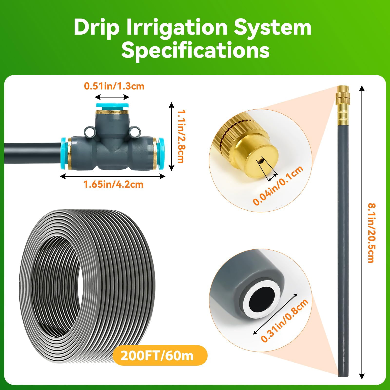 360°adjustable Drip Irrigation System 200ft 5/16" Extra Long Garden Watering Kit With 32 Copper Nozzles 141pcs Automatic Atomizing Plant Sprinkler For Large Yard  Greenhouse Lawn