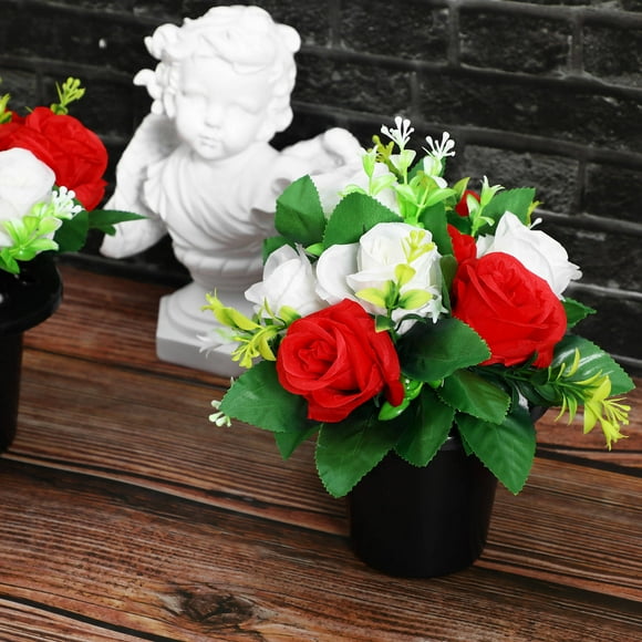 OULII 2 Pcs Floral Buckets Artificial Flowers Assorted Site Flowers for Cemetery