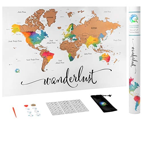 Scratch Off Map of The World | Deluxe Watercolor Wanderlust Edition | XL Size 24"x 36" | Beautiful Wall Art | Perfect Travel Gift | Includes Scratch Off Tools and Memory Stickers
