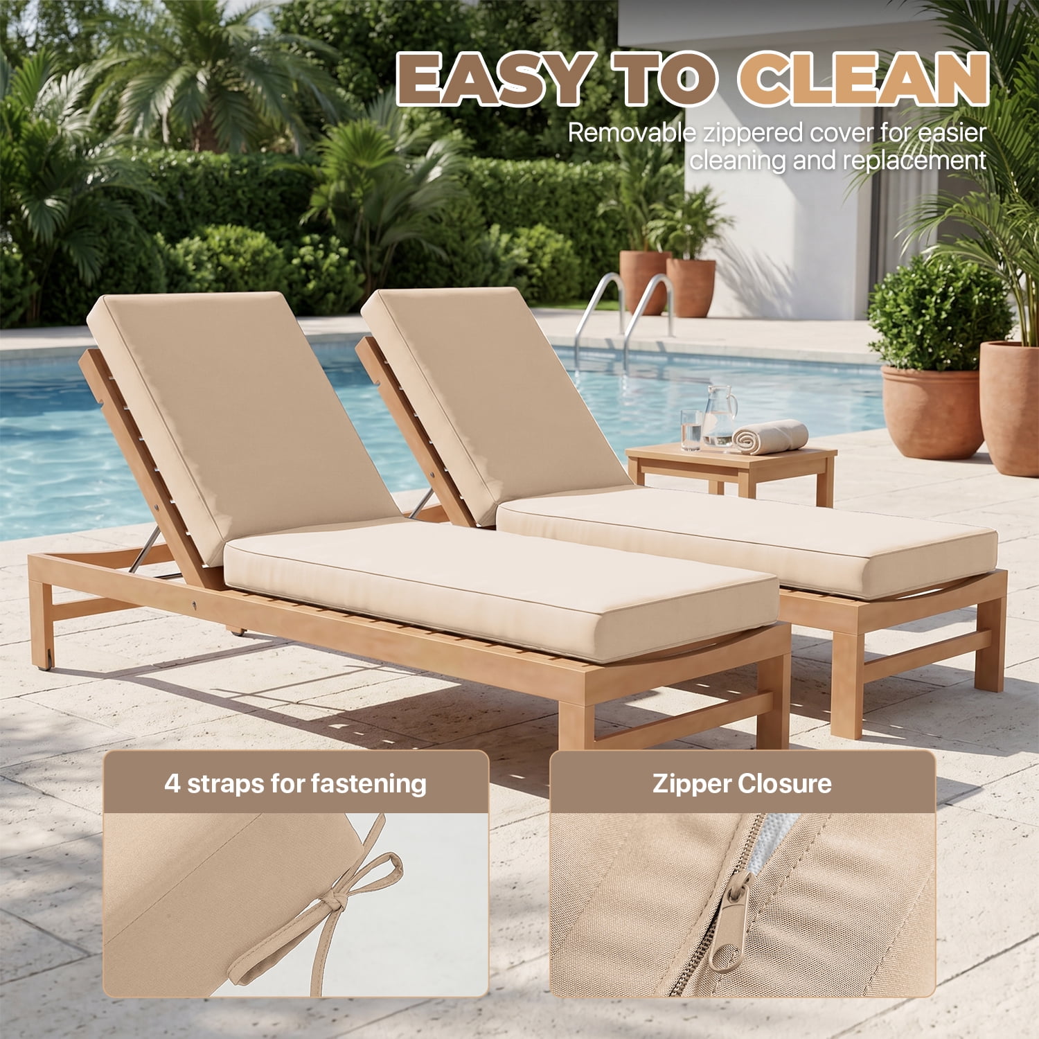 BaPiPro Beige 2‑Pack All‑Weather Outdoor Chaise Lounge Cushions, Waterproof High‑Density Patio Recliner Pads, Detachable Zipper Covers & Anti‑Slip Tie‑Downs, High‑Rebound Foam for Pool Garden Patio