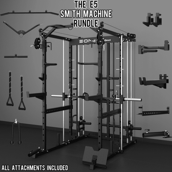 Eonfit E5 Smith Machine with Vertical Leg Press, Power Cage Squat Rack with LAT-Pull Down Cable Crossover Rotating Arms System Home Gym Equipment All in One (E5 BLK)