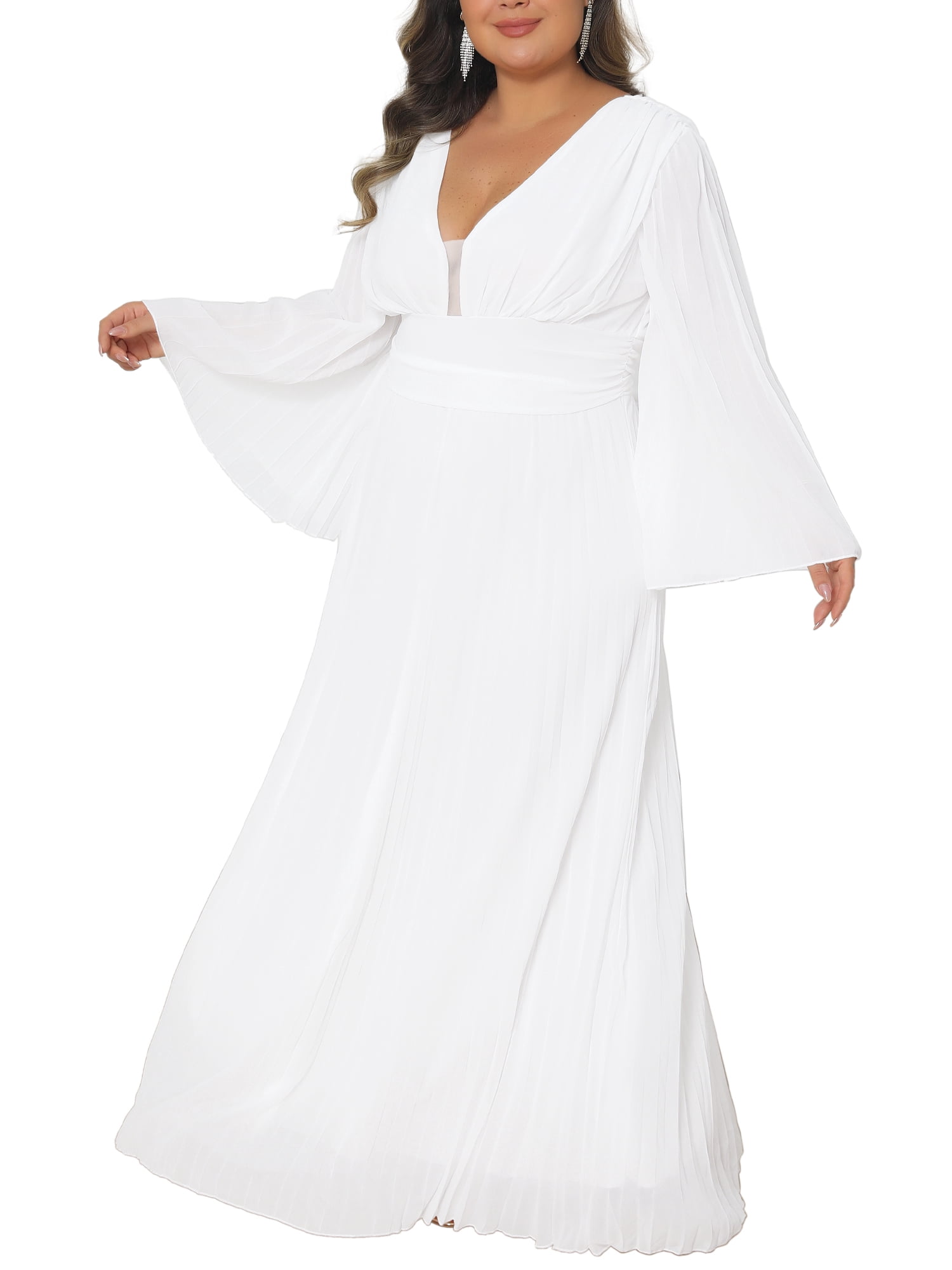 DARING DIVA Women's Plus Deep V Neck Long Sleeve Pleated Formal Dresses L White