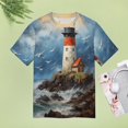 thumbnail image 4 of Lighthouse Sunrise Coast Scenery Pale Blue Tan Womens Tops Women's Fashion Casual Short Sleeve Flower Print Round Neck Pullover Top Blouse, 4 of 6