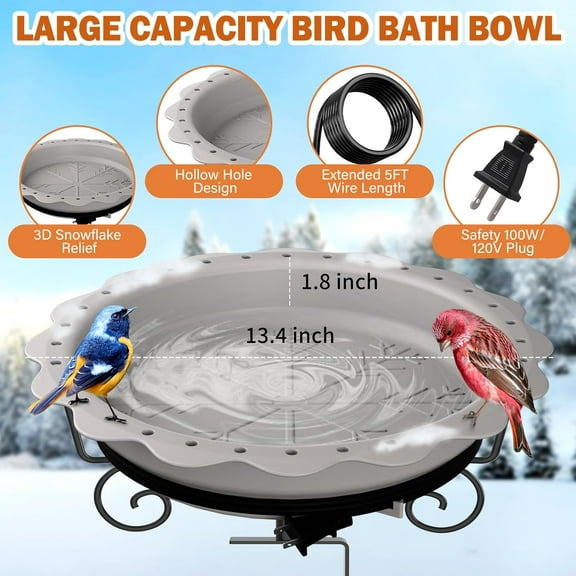 Heated Bird Bath for Deck Railing, Powerful 100W Thermostatically Controlled Heated Bird Baths for Outdoors for Winter, Heated Birdbath Water  for Outside Garden Yard  Lawn (Grey)