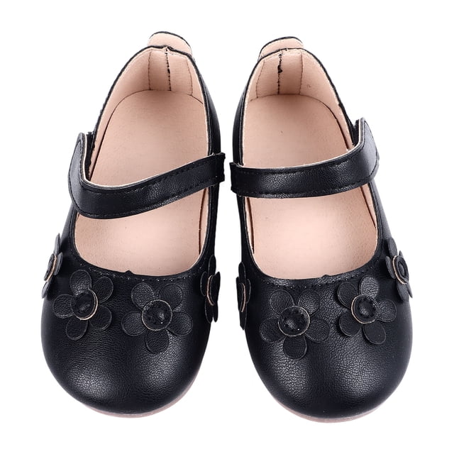 Zapatos de cuero de PU para niños, zapatos de vestir planos cómodos con suela suave y flores a la moda para fiestas, bailes, espectáculos, color negro 24