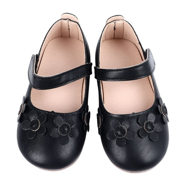 Zapatos de vestir planos cómodos Nikou de Cuero PU para niños con suela suave y flores color negro 21