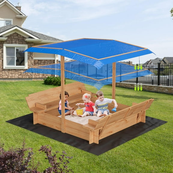 Wood Sandbox with Cover, Sand Box with Bench Seats for Aged 3-8 Years Old, Sand Boxes for Backyard Garden, Sand Pit for Beach Patio Outdoor