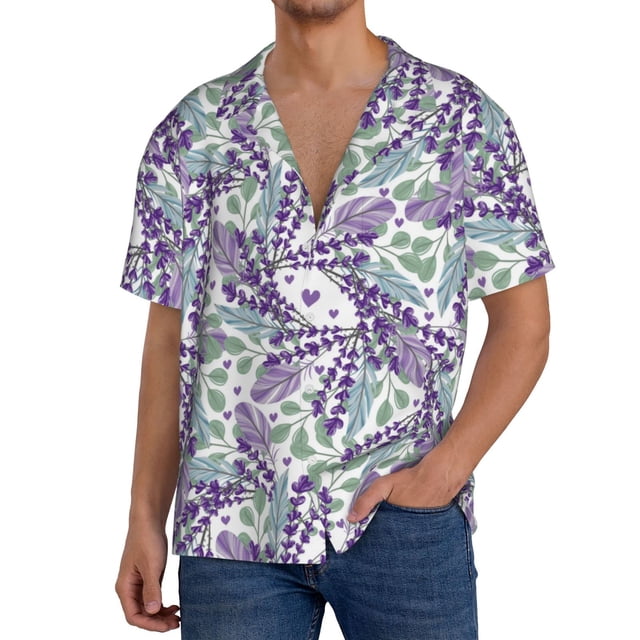 Fotbe Lavender Flowers Camisa Estampada de Manga Corta para Hombre, Casual de Verano, Estilo Playero, Sin Arrugas-Small