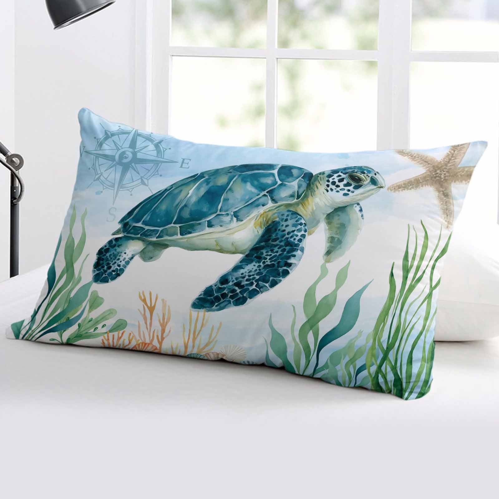 Turtle Throw Pillow Cover 24 x 36 Inch Decorative Pillow Cover Blue Ocean Coastal Nautical Compass Coral Starfish Lumbar Pillowcase Seasonal Rectangle Cushion Case for Couch Sofa Bed Living Room