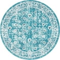 thumbnail image 2 of 8' Teal Blue and Ivory Floral Round Area Throw Rug, 2 of 3