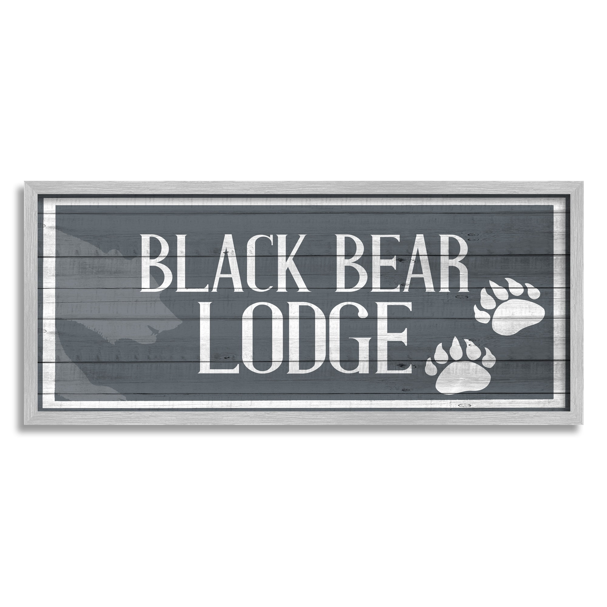 Stupell Industries Black Bear Lodge Sign Rustic Animal Footprints Modern Painting Black Framed Art Print Wall Art, 10 x 24, Design by Kim Allen