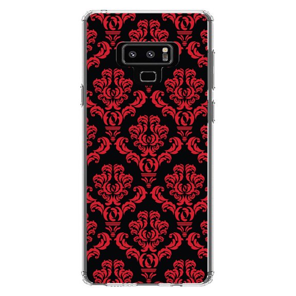 DistinctInk Clear Shockproof Hybrid Case for Samsung Galaxy Note 9 - TPU Bumper, Acrylic Back, Tempered Glass Screen Protector - Black Red Damask Pattern - Floral Damask Pattern