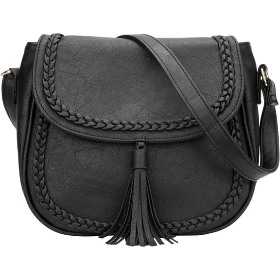 Saddle Crossbody Bag for Women, Vintage PU Leather Flap Handbag with Tassel and Whipstitching, 9x3.8x8.5 Inch-z_33-